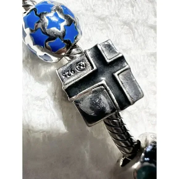 Donatella 925 Silver Charm Bracelet 7 Charms CROSS PRESENT GRADUATION Glass - Picture 5 of 10